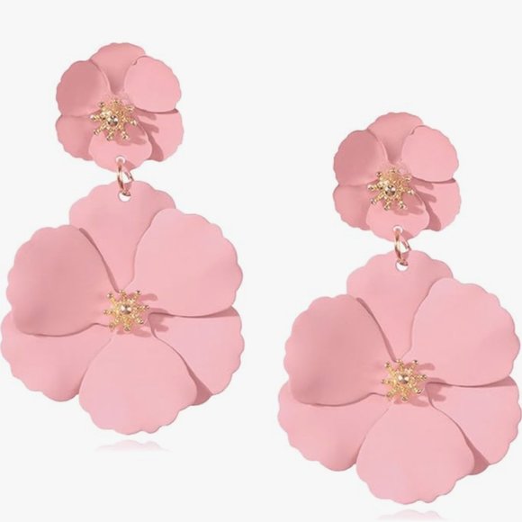 Pink Double Flower Blossom Post Earrings 2.5" Big Floral Blossoms Flowers New - Picture 1 of 8